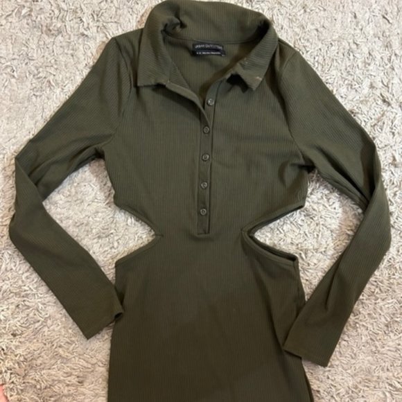 Urban Outfitters Gwen Olive Green Collared Long Sleeve Cutout Mini Dress - SizeM - Picture 2 of 6